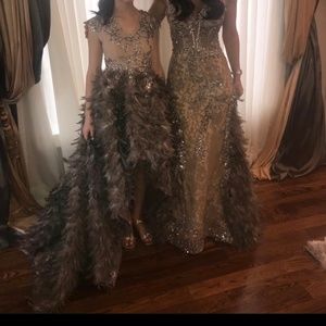 Mother and daughter custom feathered gowns